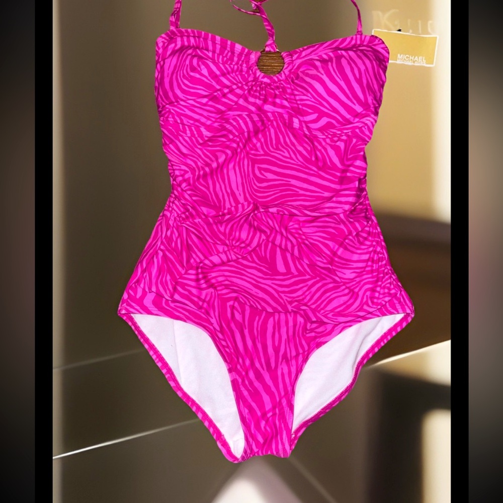 Michael Kors Sexy Pink Bandeau Halter ⭕️ Silver W/MK Logo 1 Pc Swimsuit Sz6 NWT